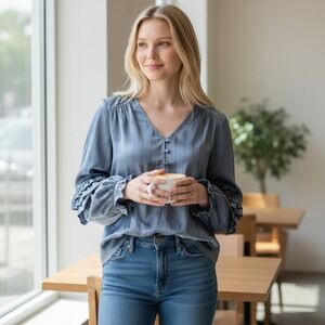 Liverpool Los Angeles Chambray‎ Rust Pinstripe Ruffle Sleeve Blouse M
